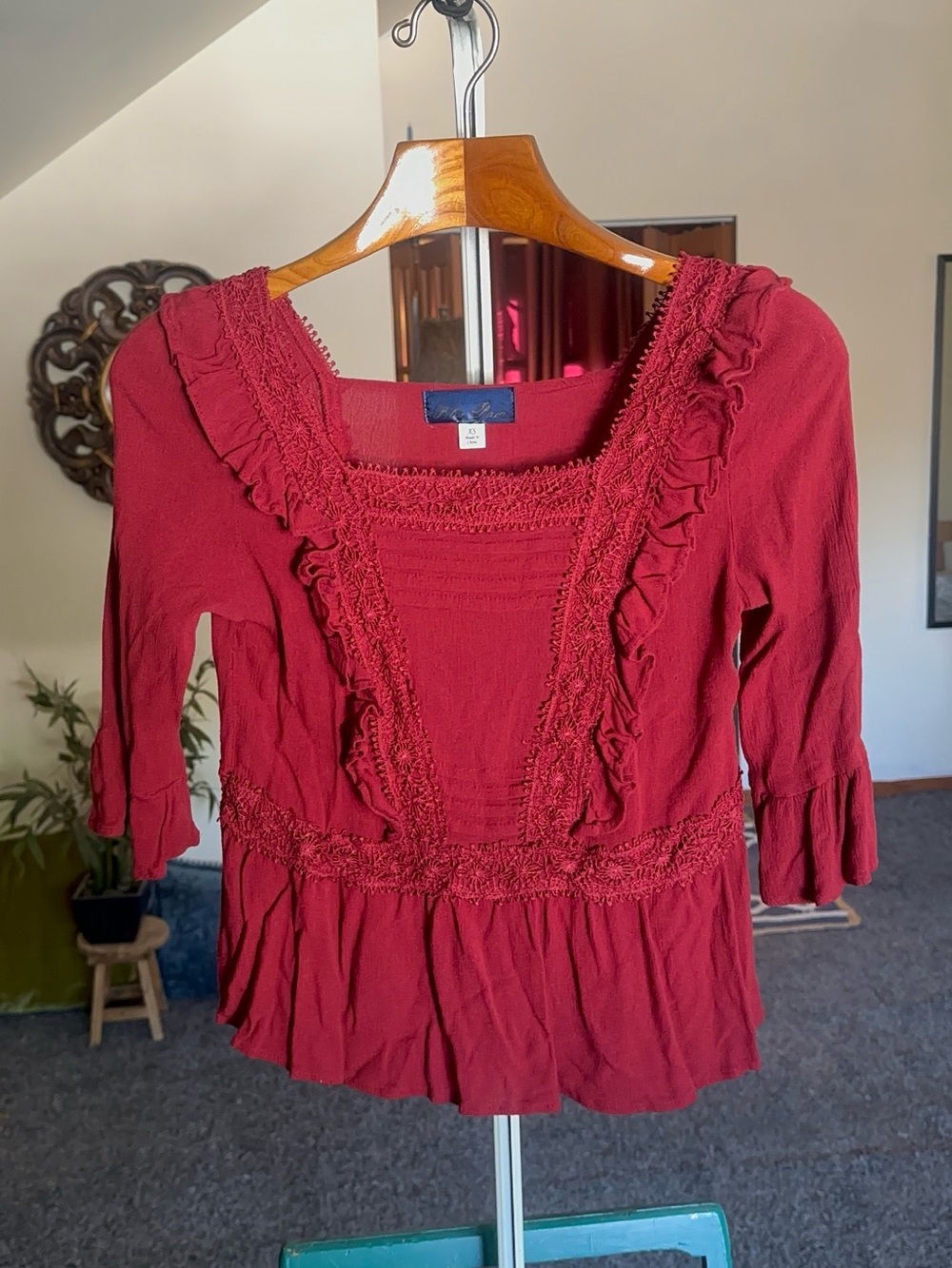 Blue Rain Burgundy Ruffled Square-Neck Blouse